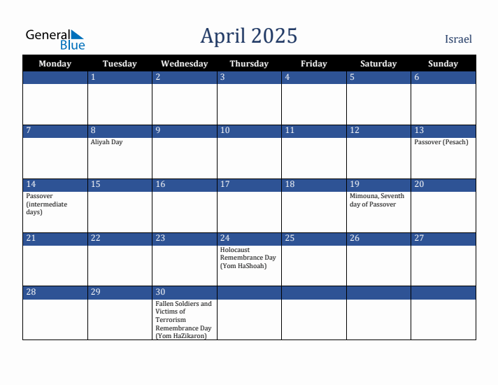 April 2025 Israel Calendar (Monday Start)
