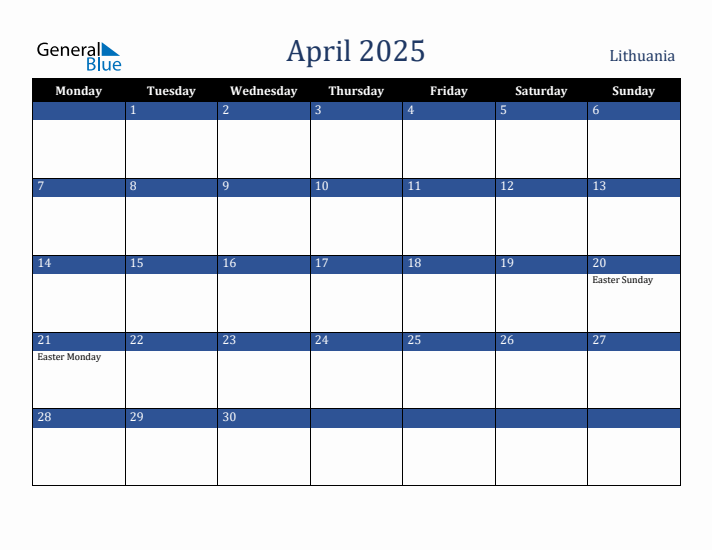 April 2025 Lithuania Calendar (Monday Start)