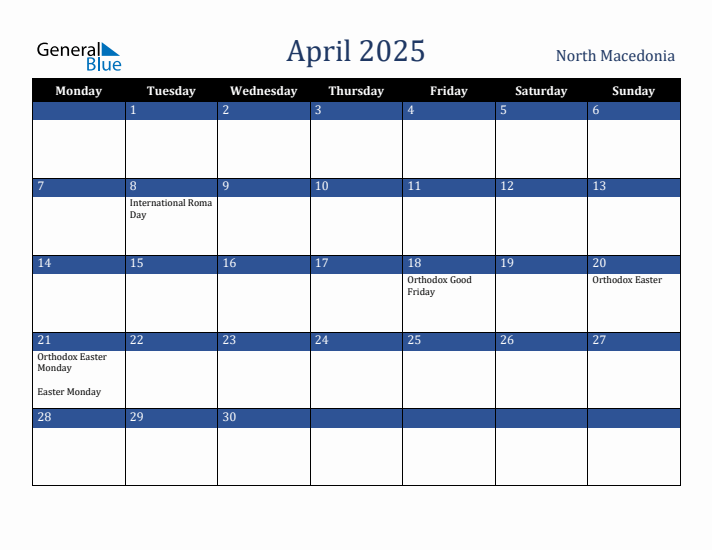April 2025 North Macedonia Calendar (Monday Start)