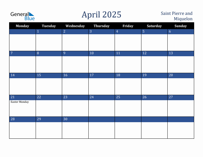 April 2025 Saint Pierre and Miquelon Calendar (Monday Start)