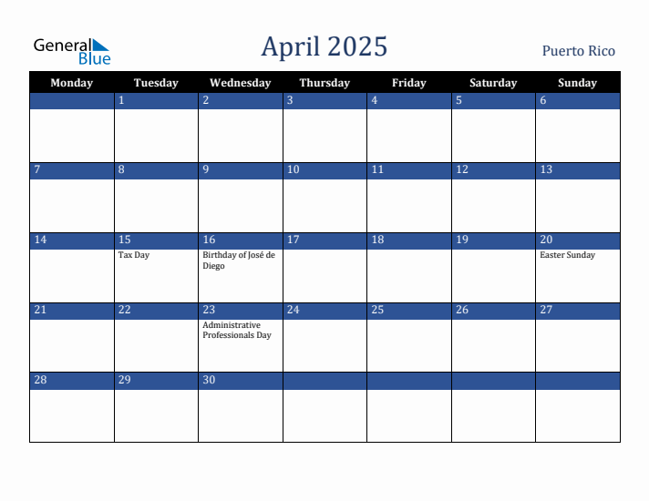 April 2025 Puerto Rico Calendar (Monday Start)