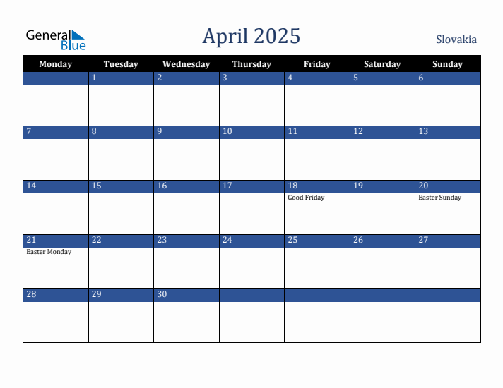 April 2025 Slovakia Calendar (Monday Start)