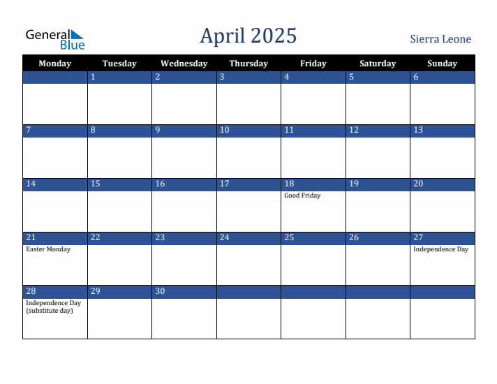 April 2025 Sierra Leone Calendar (Monday Start)
