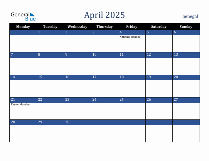 April 2025 Senegal Calendar (Monday Start)