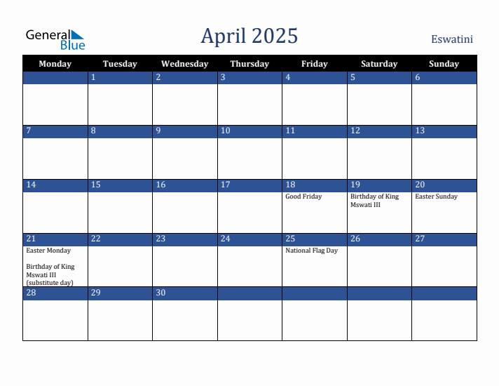 April 2025 Eswatini Calendar (Monday Start)