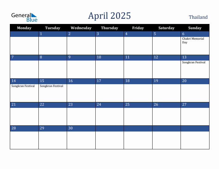 April 2025 Thailand Calendar (Monday Start)