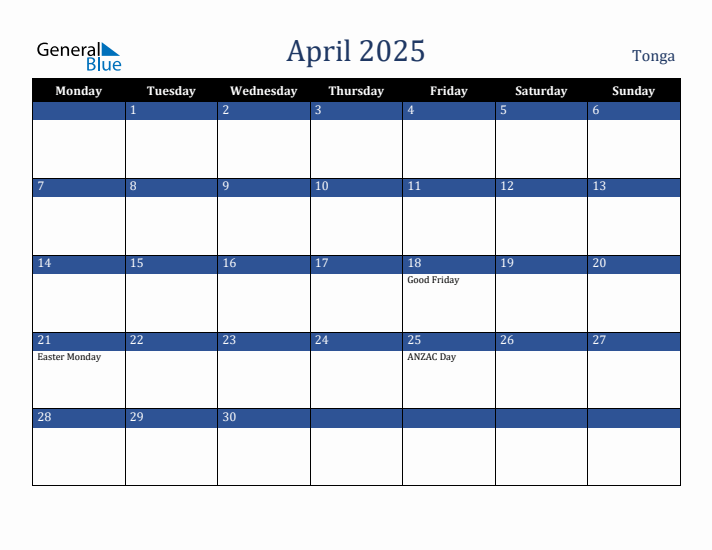 April 2025 Tonga Calendar (Monday Start)