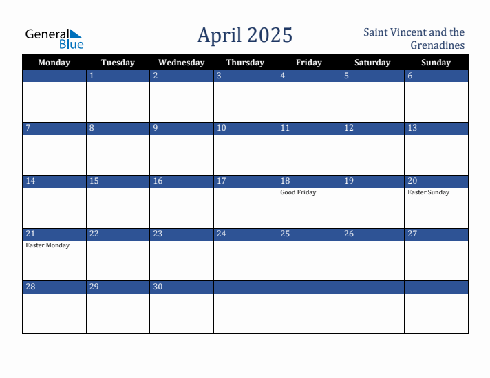 April 2025 Saint Vincent and the Grenadines Calendar (Monday Start)