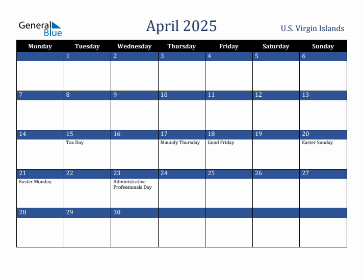 April 2025 U.S. Virgin Islands Calendar (Monday Start)