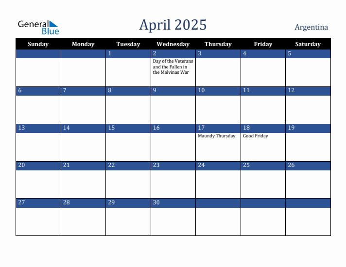 April 2025 Argentina Calendar (Sunday Start)