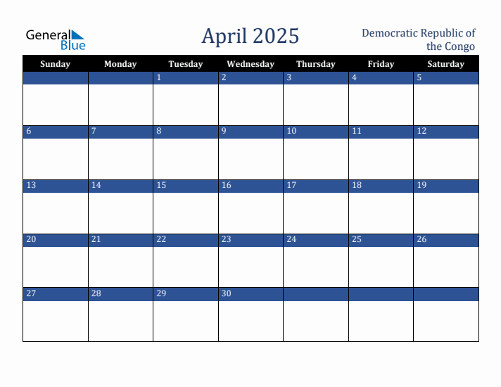 April 2025 Democratic Republic of the Congo Calendar (Sunday Start)