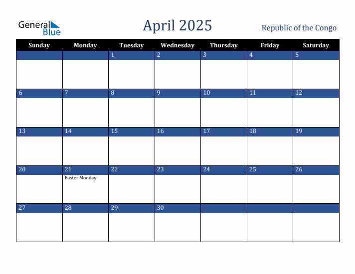 April 2025 Republic of the Congo Calendar (Sunday Start)