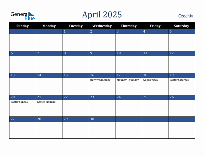 April 2025 Czechia Calendar (Sunday Start)