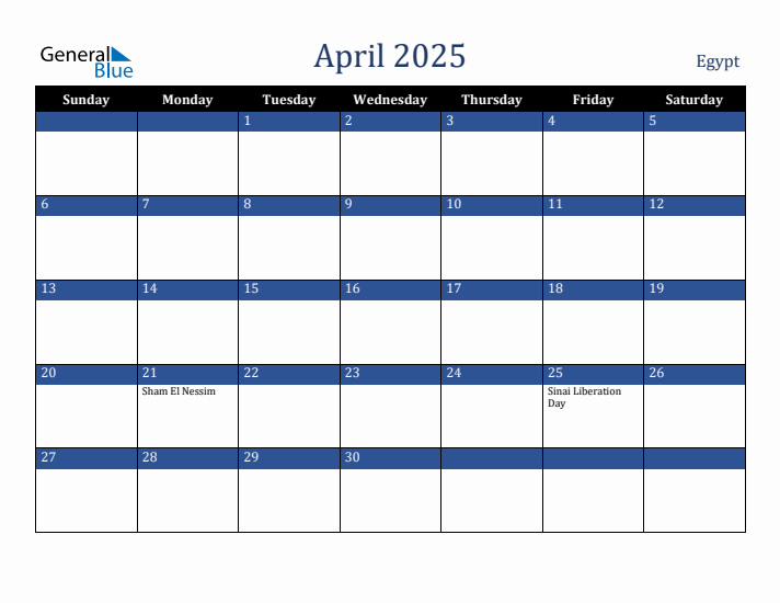 April 2025 Egypt Calendar (Sunday Start)