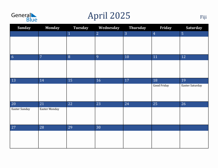 April 2025 Fiji Calendar (Sunday Start)