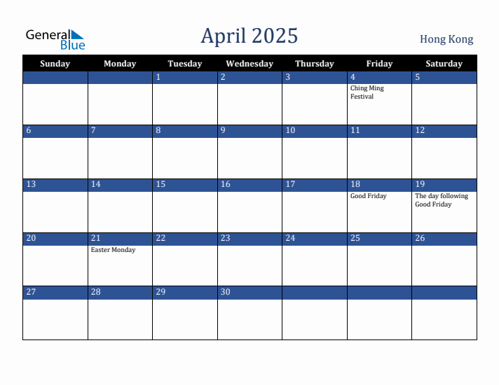 April 2025 Hong Kong Calendar (Sunday Start)