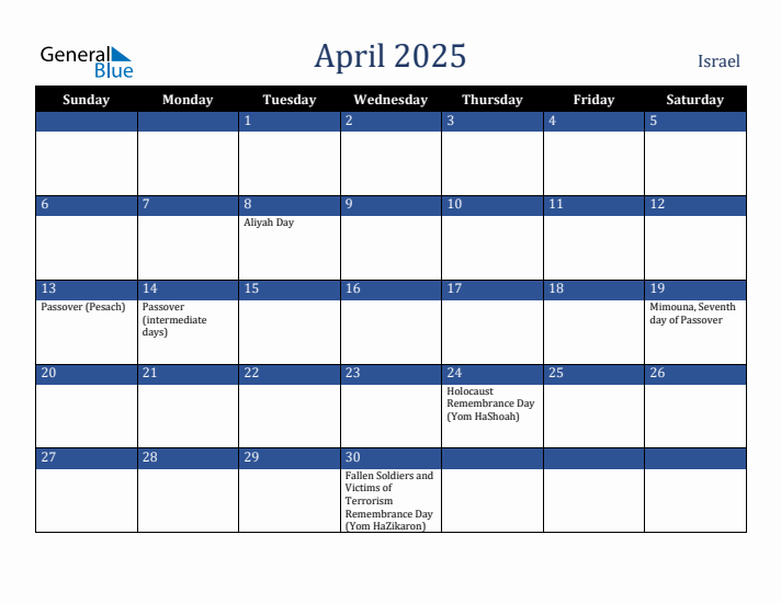 April 2025 Israel Calendar (Sunday Start)