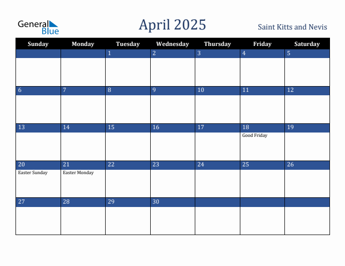 April 2025 Saint Kitts and Nevis Calendar (Sunday Start)