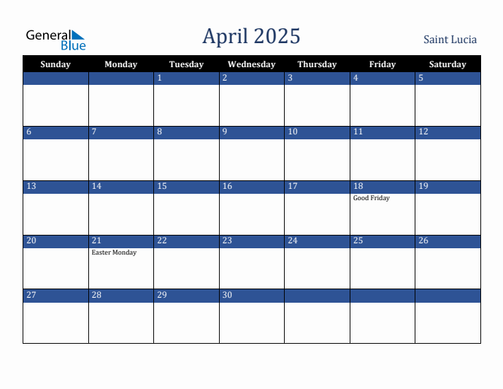 April 2025 Saint Lucia Calendar (Sunday Start)