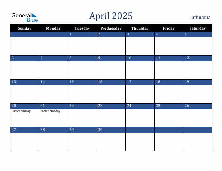 April 2025 Lithuania Calendar (Sunday Start)