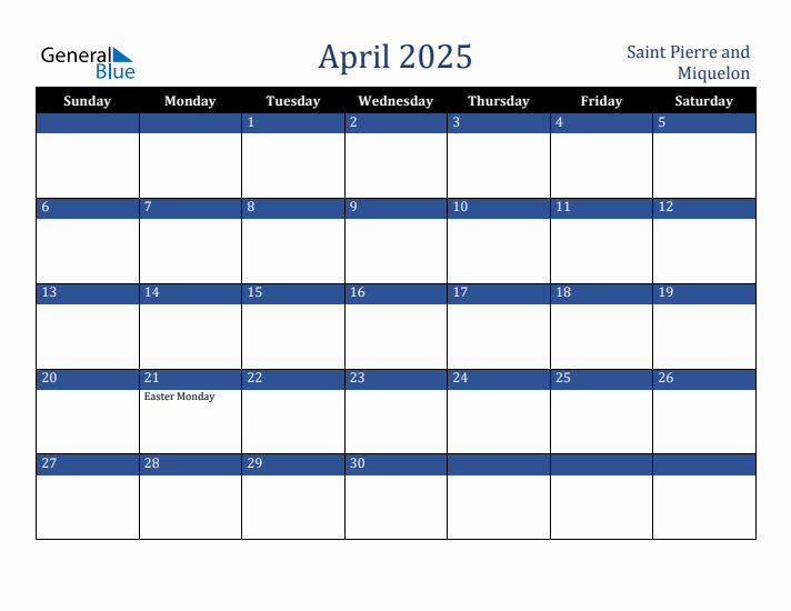 April 2025 Saint Pierre and Miquelon Calendar (Sunday Start)
