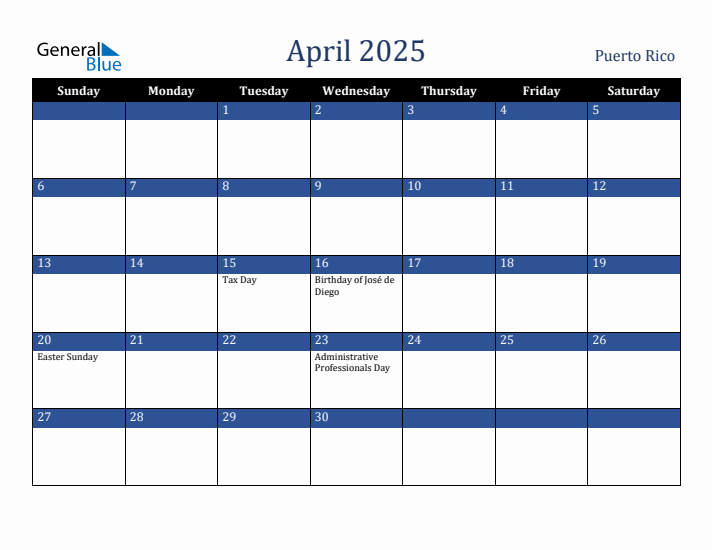 April 2025 Puerto Rico Calendar (Sunday Start)