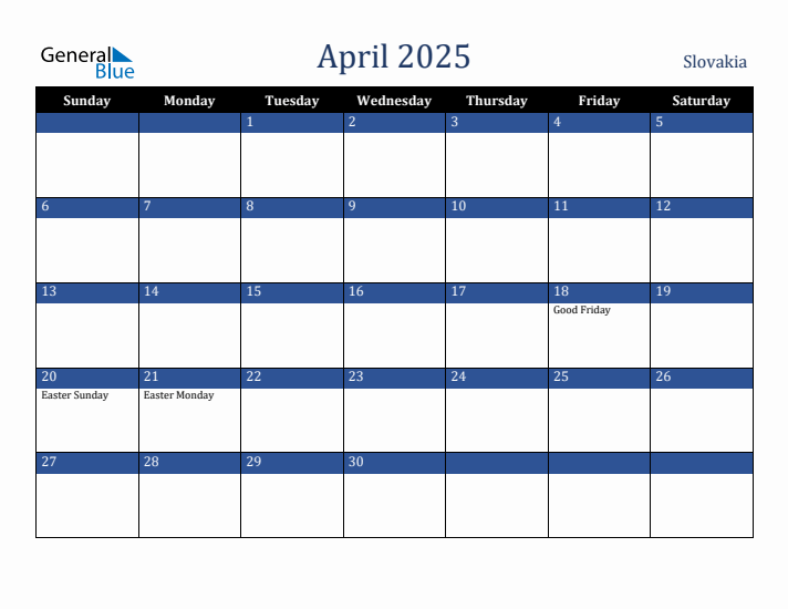 April 2025 Slovakia Calendar (Sunday Start)
