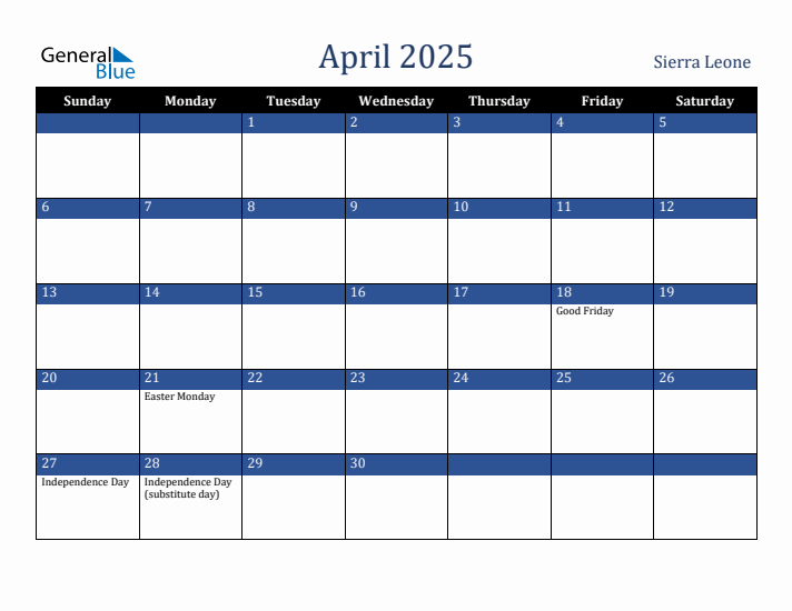April 2025 Sierra Leone Calendar (Sunday Start)