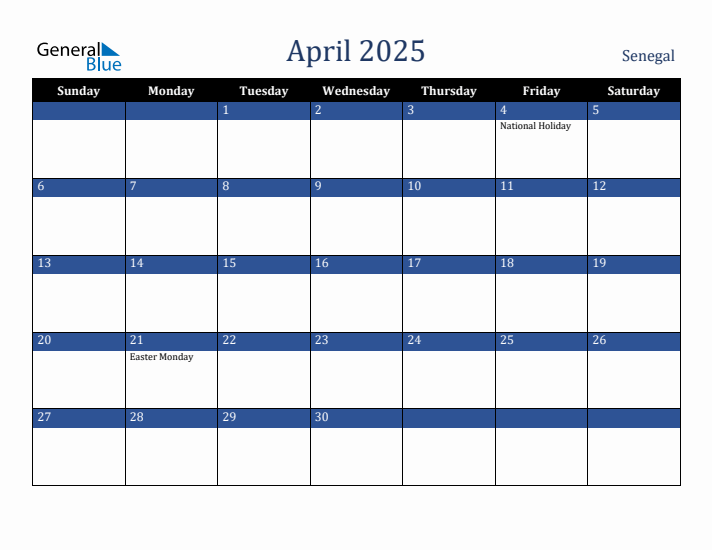 April 2025 Senegal Calendar (Sunday Start)