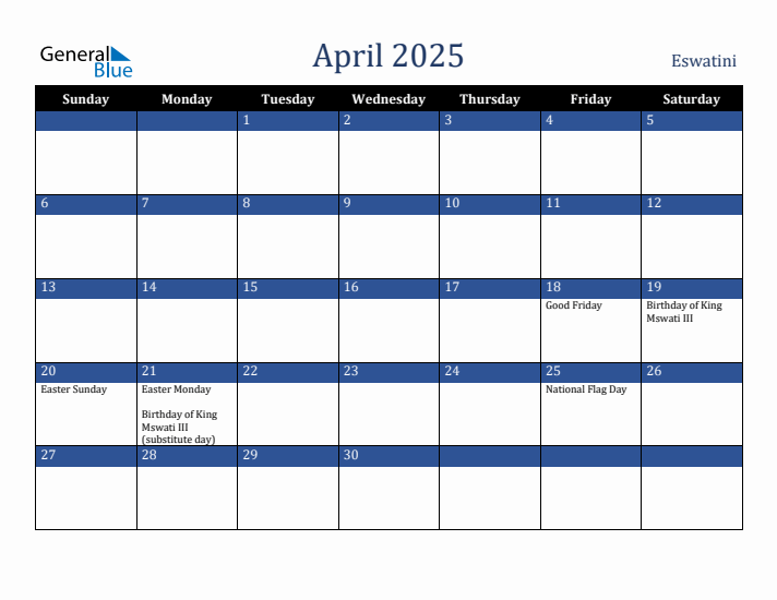 April 2025 Eswatini Calendar (Sunday Start)
