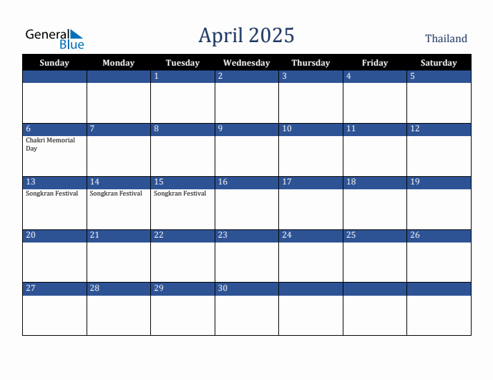 April 2025 Thailand Calendar (Sunday Start)
