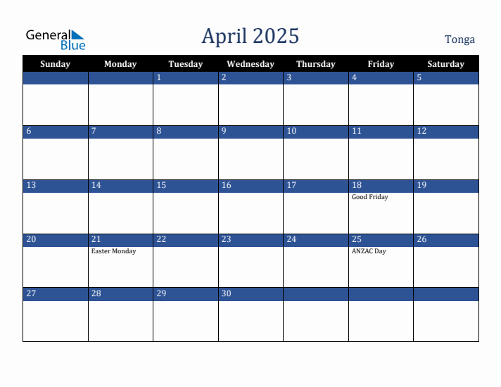 April 2025 Tonga Calendar (Sunday Start)