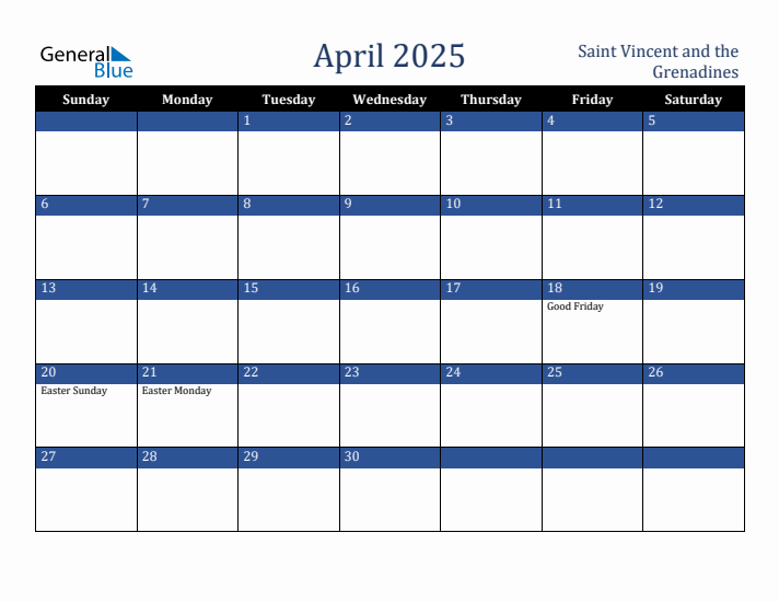 April 2025 Saint Vincent and the Grenadines Calendar (Sunday Start)