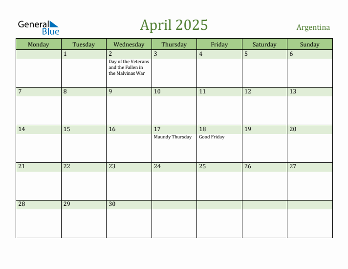 April 2025 Calendar with Argentina Holidays
