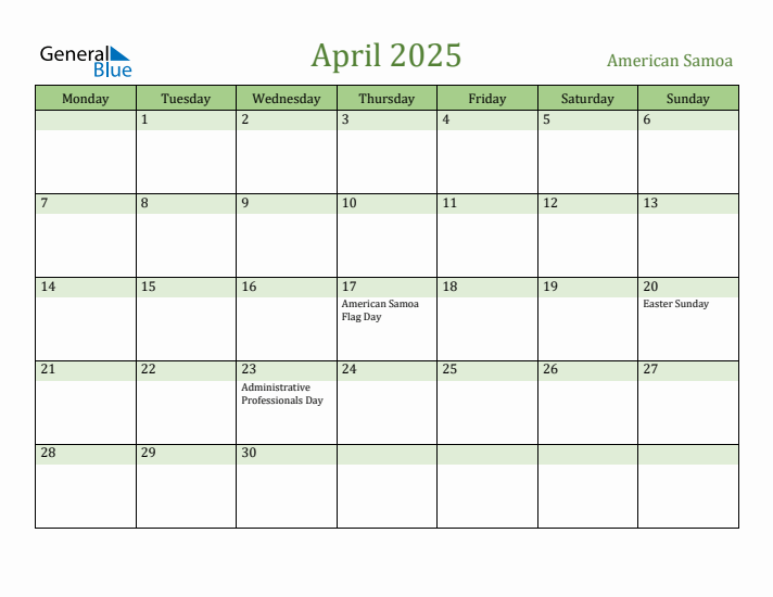 April 2025 Calendar with American Samoa Holidays