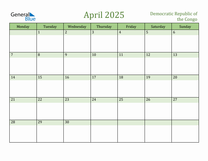 April 2025 Calendar with Democratic Republic of the Congo Holidays