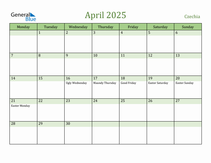 April 2025 Calendar with Czechia Holidays