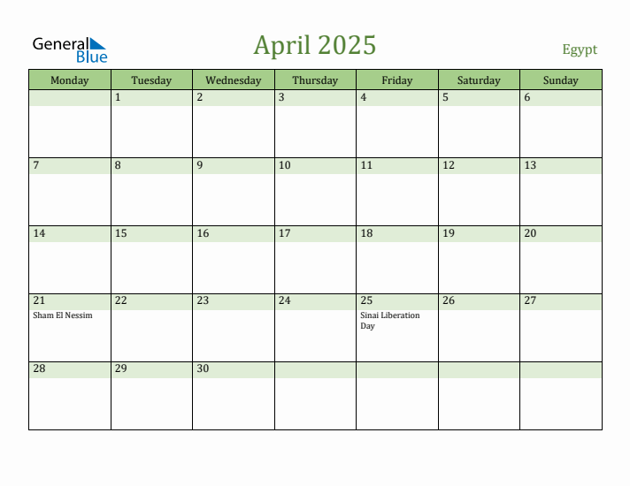 April 2025 Calendar with Egypt Holidays