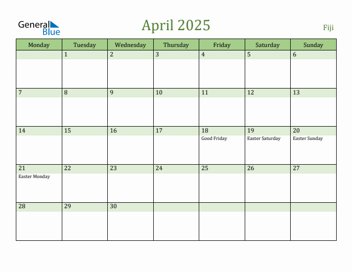 April 2025 Calendar with Fiji Holidays