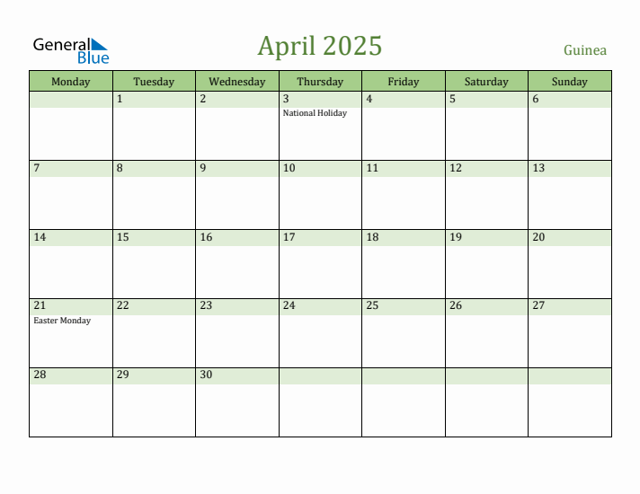 April 2025 Calendar with Guinea Holidays
