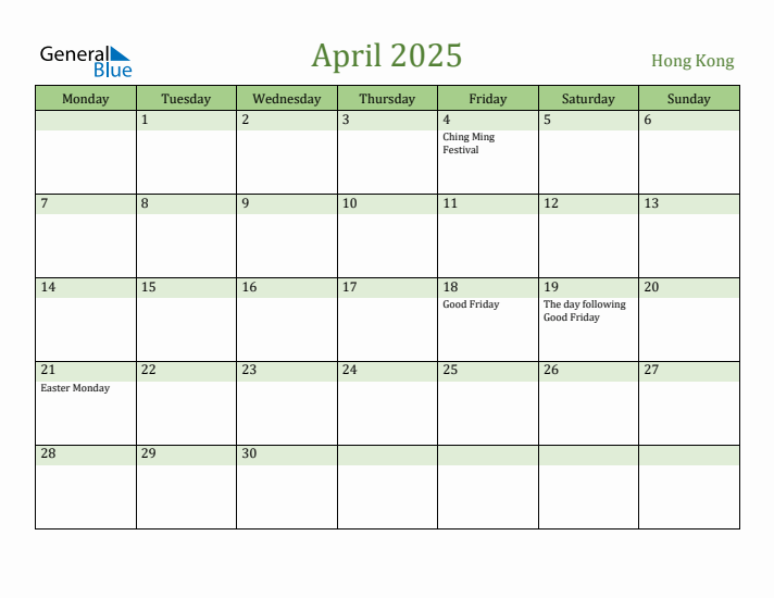 April 2025 Calendar with Hong Kong Holidays