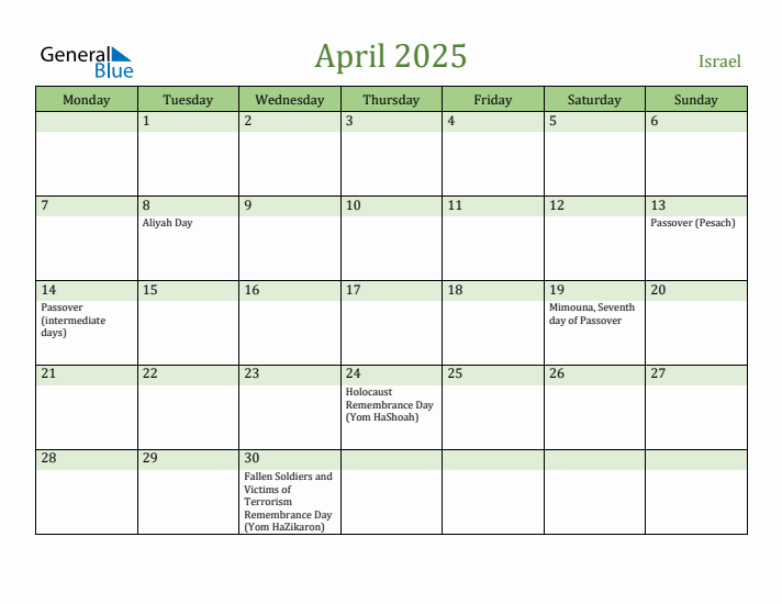 April 2025 Calendar with Israel Holidays