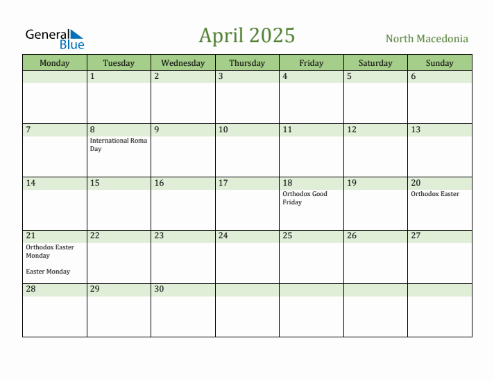 April 2025 Calendar with North Macedonia Holidays