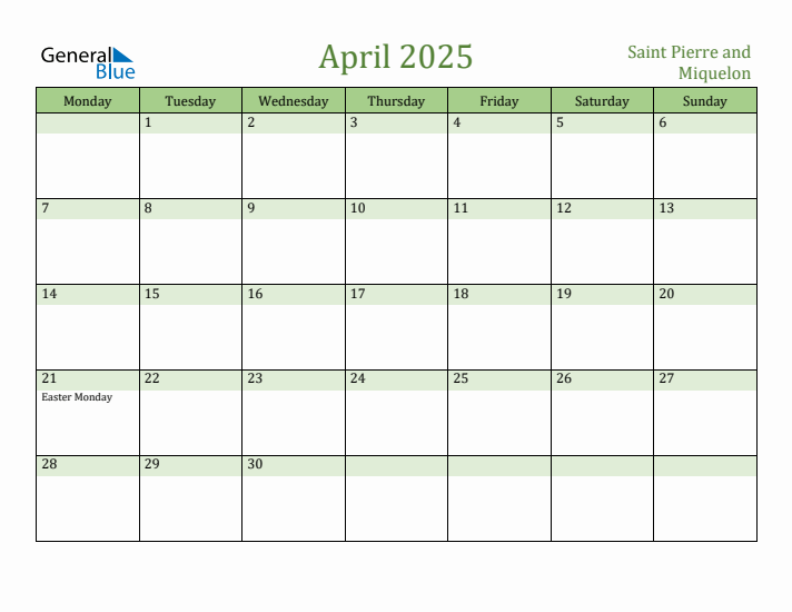 April 2025 Calendar with Saint Pierre and Miquelon Holidays