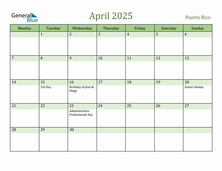 April 2025 Calendar with Puerto Rico Holidays