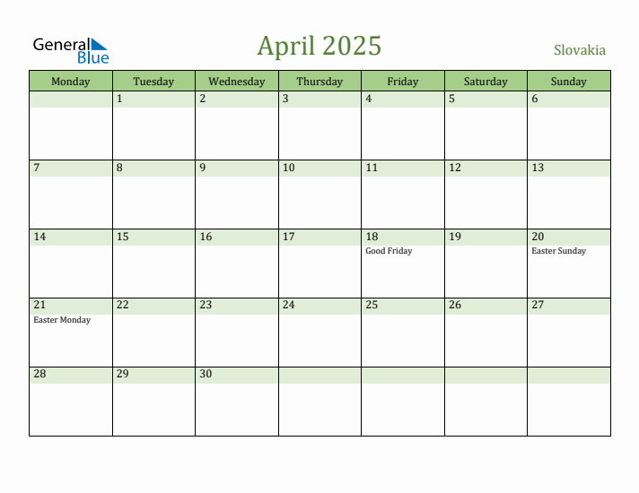 April 2025 Calendar with Slovakia Holidays