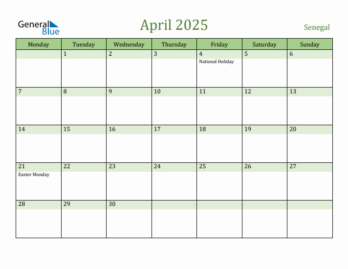 April 2025 Calendar with Senegal Holidays