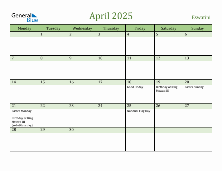 April 2025 Calendar with Eswatini Holidays