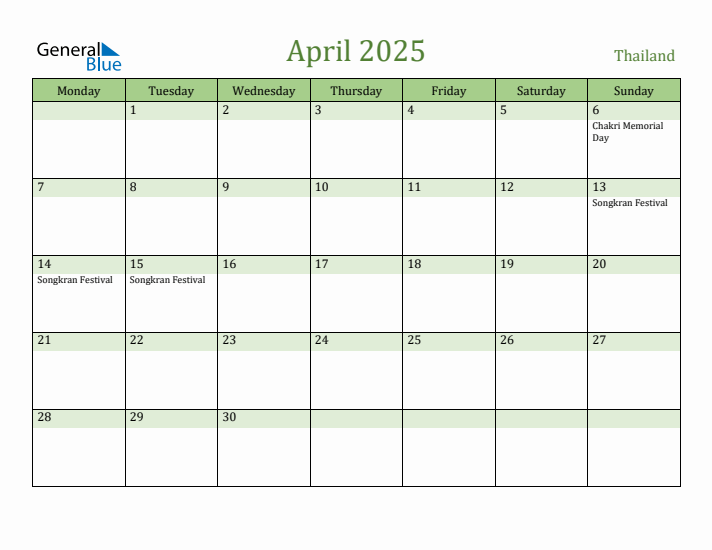 April 2025 Calendar with Thailand Holidays