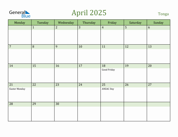April 2025 Calendar with Tonga Holidays